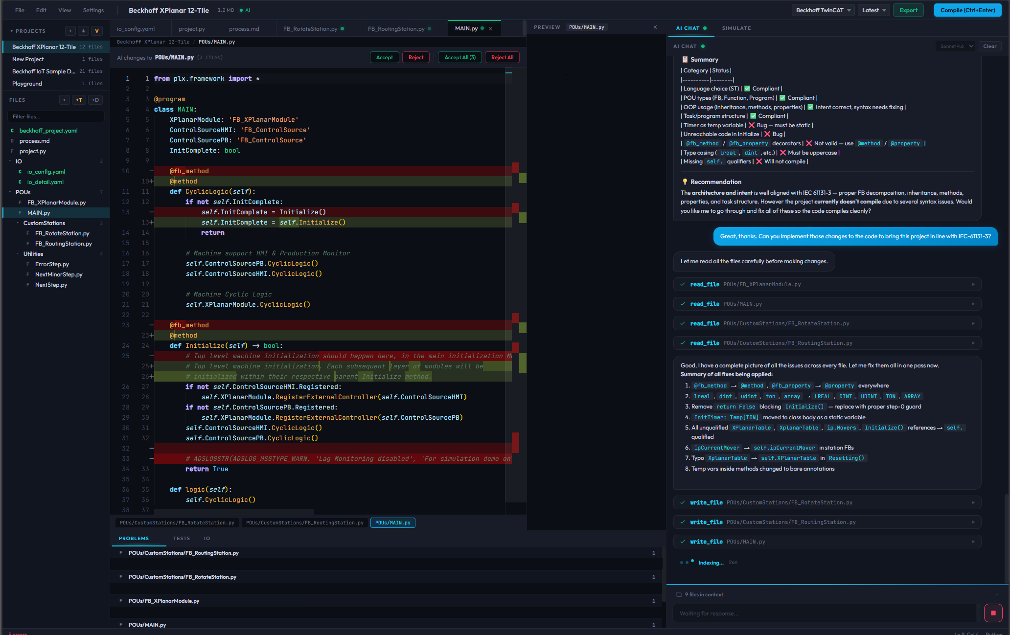 The Koyl IDE with a Beckhoff XPlanar 12-Tile project open. The editor shows a multi-file diff with green and red lines marking proposed changes, plus Accept / Reject / Accept All / Reject All buttons at the top. The right-hand AI chat panel shows the agent's IEC 61131-3 compliance check across the project: a category-by-category table flagging which patterns comply and which need fixing (decorators, timer scope, type casing, qualifier usage), followed by a summary of the eight specific edits being applied across three files.